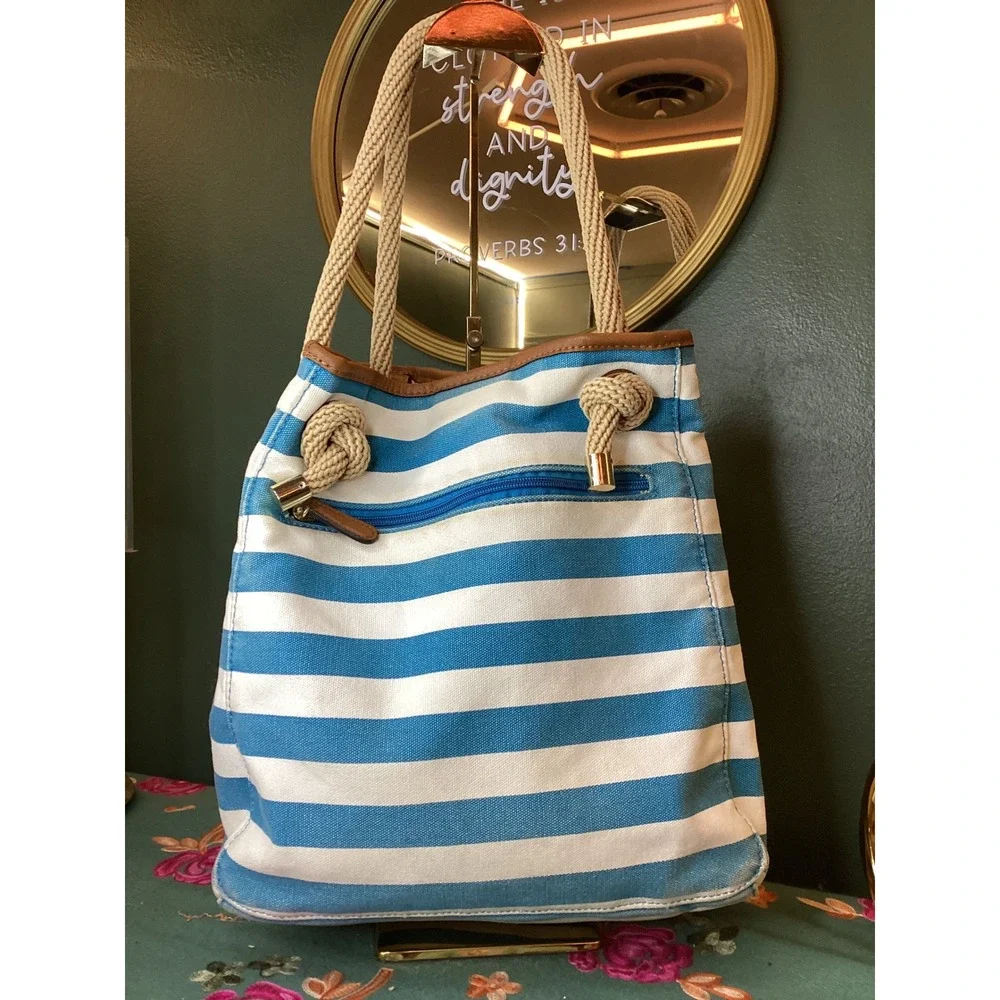 Michael Kors Canvas Tote Medium Blue White Striped‎ Nautical Rope Handle